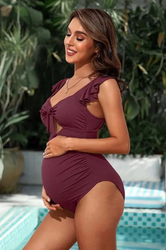 Ribbed Tie Knot Cutout Ruched Maternity Swimsuit for Comfortable Pregnancy - Love Salve